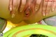 A woman with her mouth open next to a frisbee.